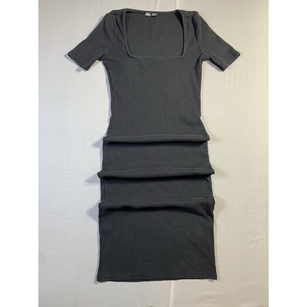 Zara Black Ribbed Midi Dress Bodycon Stretch Short Sleeve Size‎ M